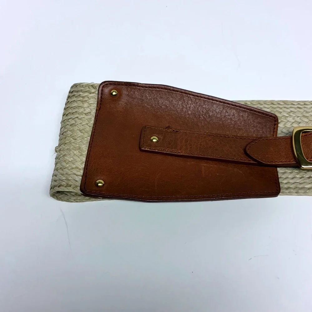 Antonio Melani Wide Waist Cincher Belt Womens M Brown Leather Woven Raffia Straw
